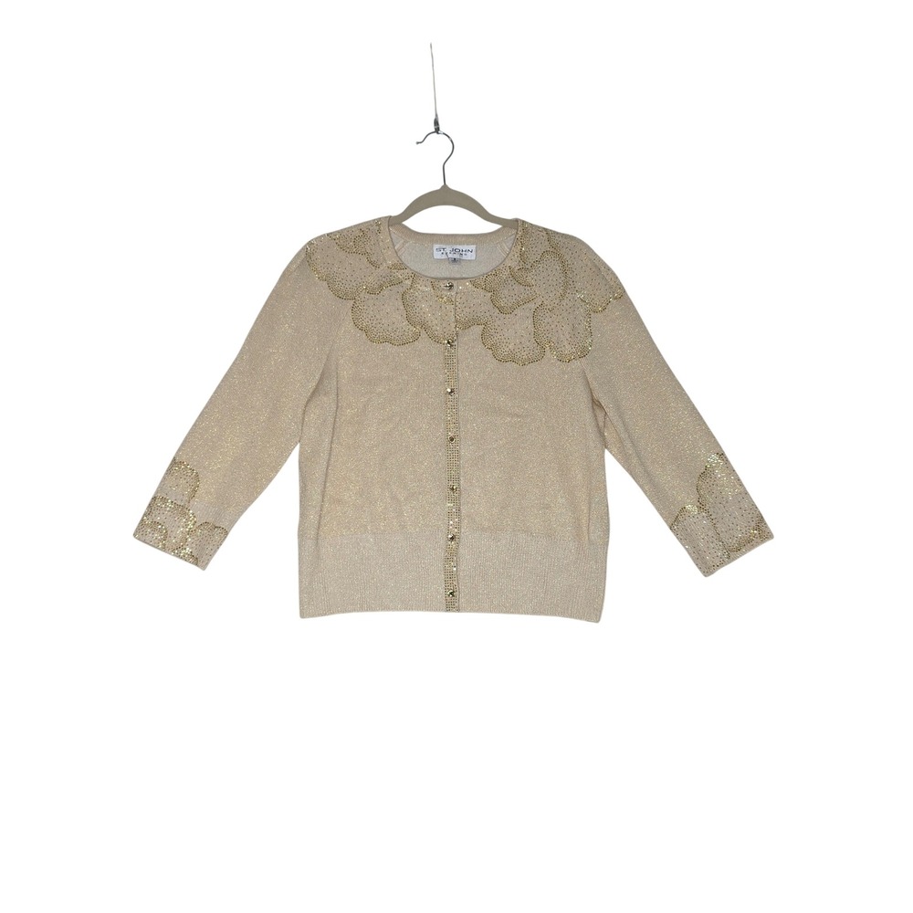 St John Evening Gold Metallic Santana Knit Rhinestone Cardigan Size 8 USA Lux